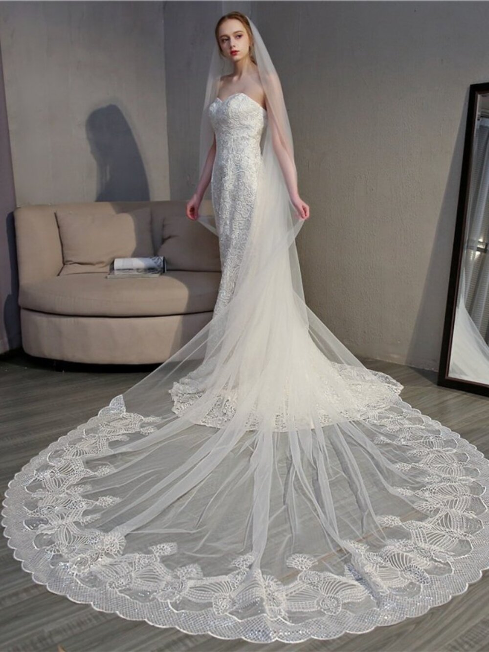 Sparkling Sequined Lace Edge Cathedral Length Bridal Veil Comb